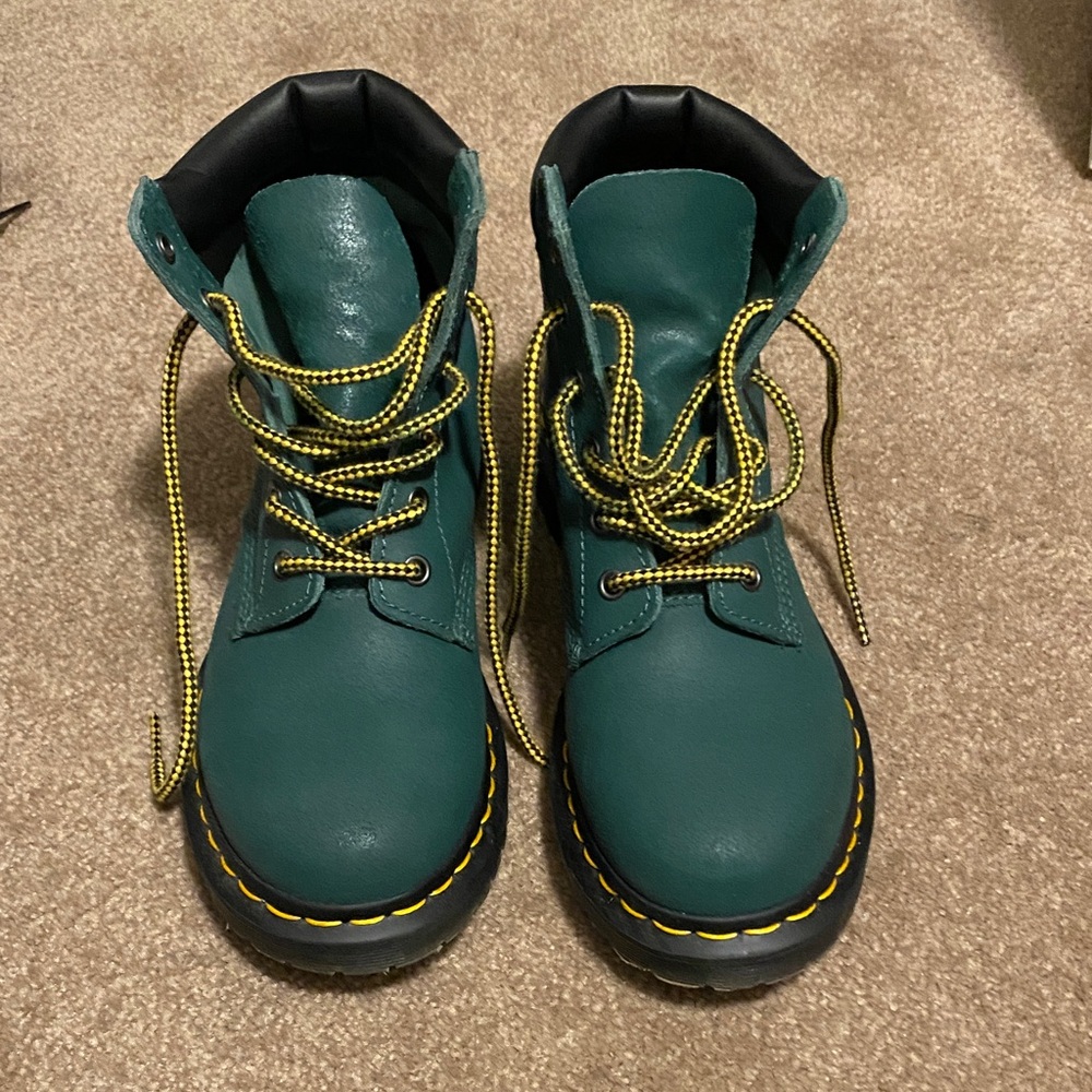 Women’s Dr Martens Leather Green Boots with Yellow Laces
